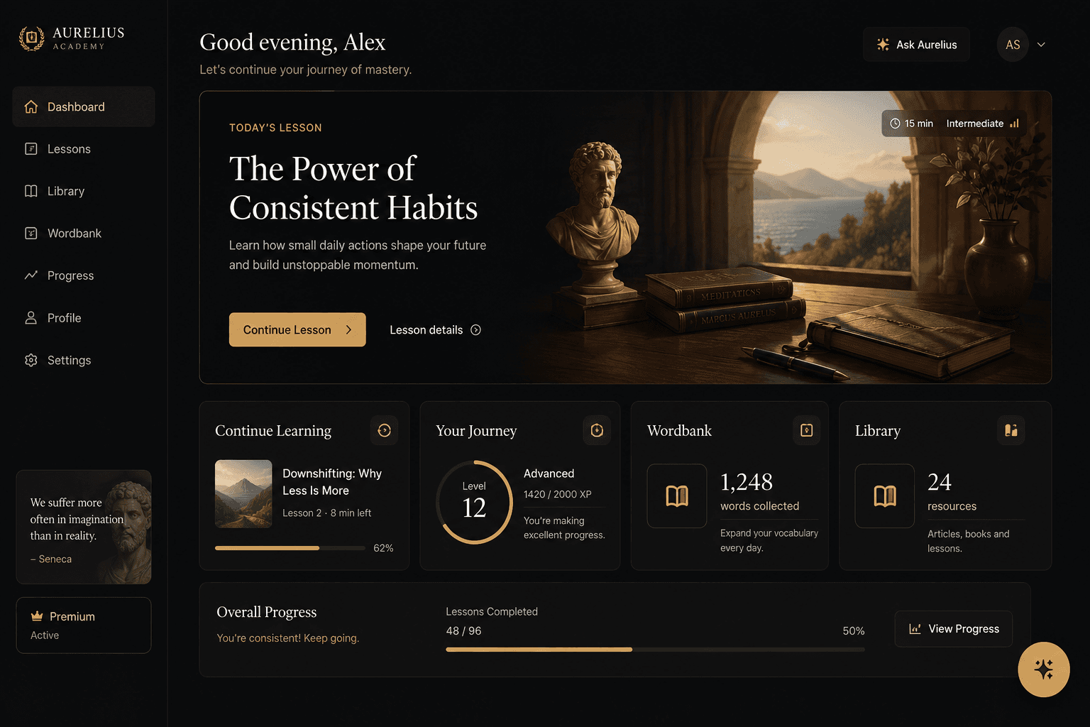 Aurelius platform dashboard — student progress